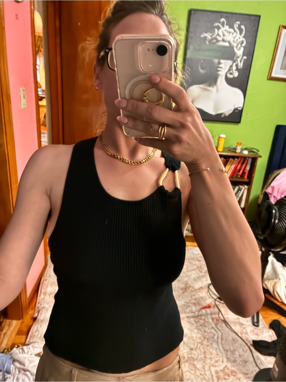 Camila Coelho Black Ribbed Tank with Gold Accent Ring